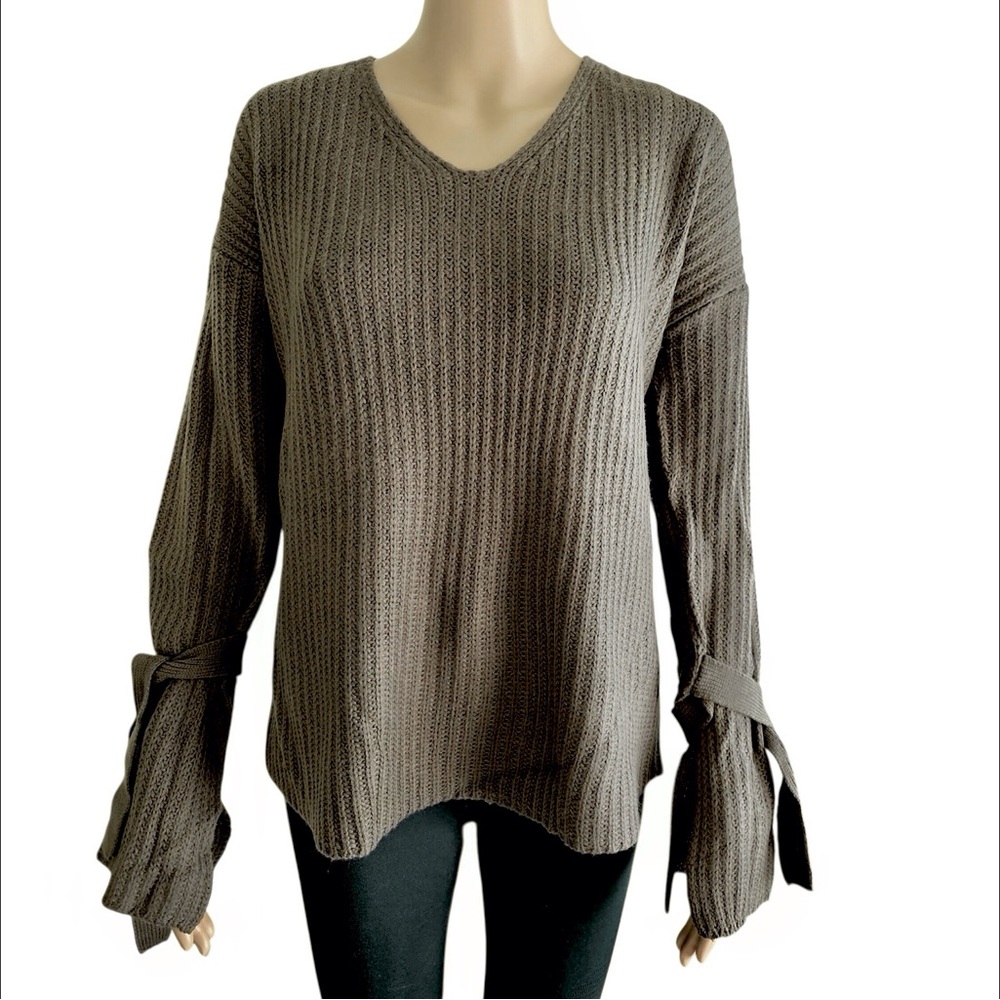 Stitch Fix Rev Sweater Ribbed Knit Split Tie Sleeve V Neck Green Size XL